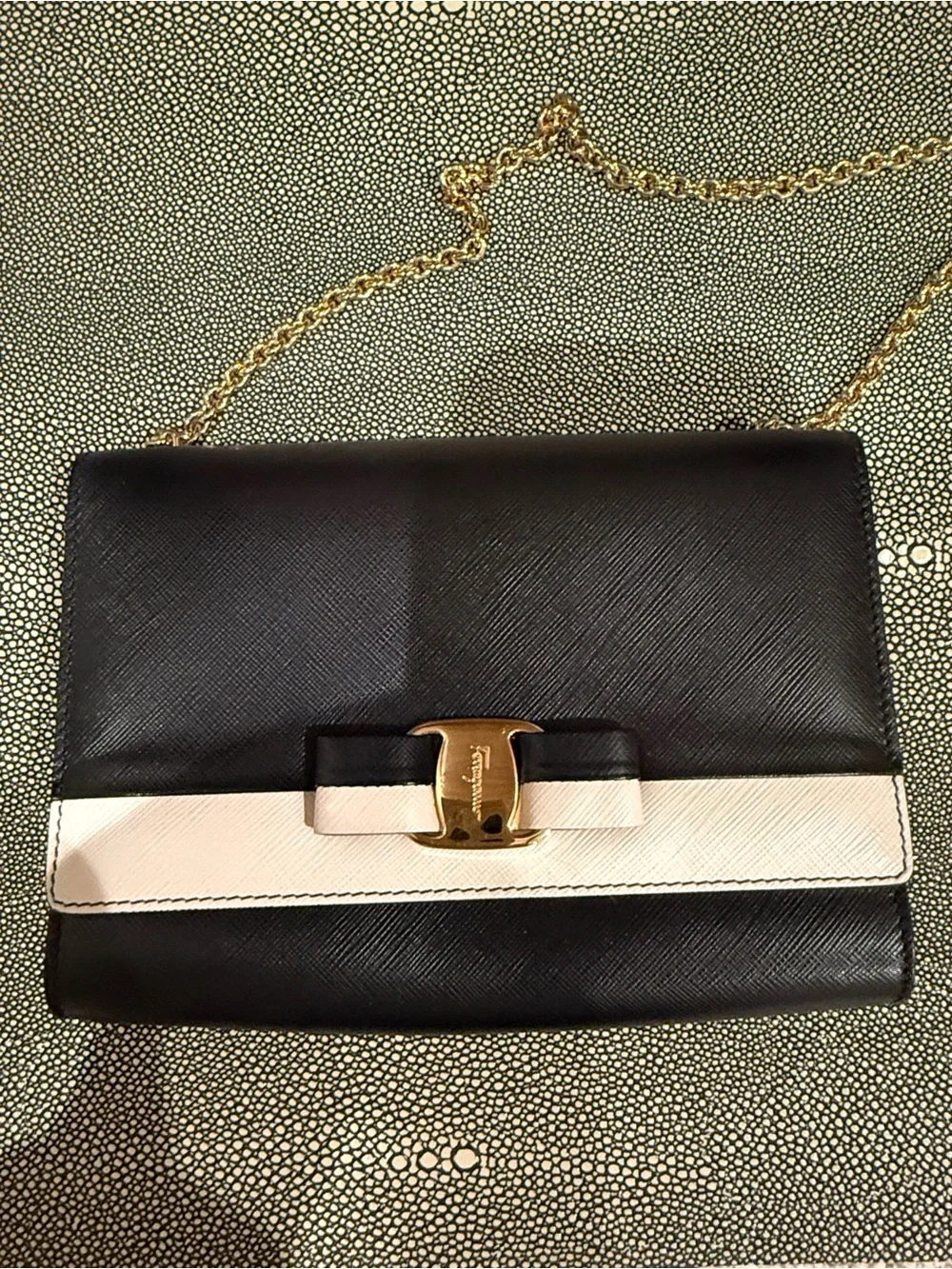 Salvatore Ferragamo Black and Cream Leather Chain Crossbody